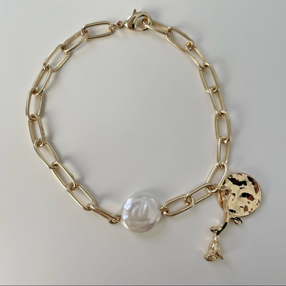 Gold Paperclip Chain with Pearl and Rose Charm Bracelet